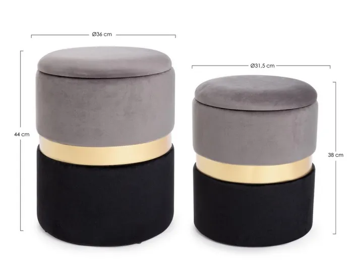 Bizzotto Pouf>SET2 POUF CONTENITORE GRIGIO NERO - POLINA